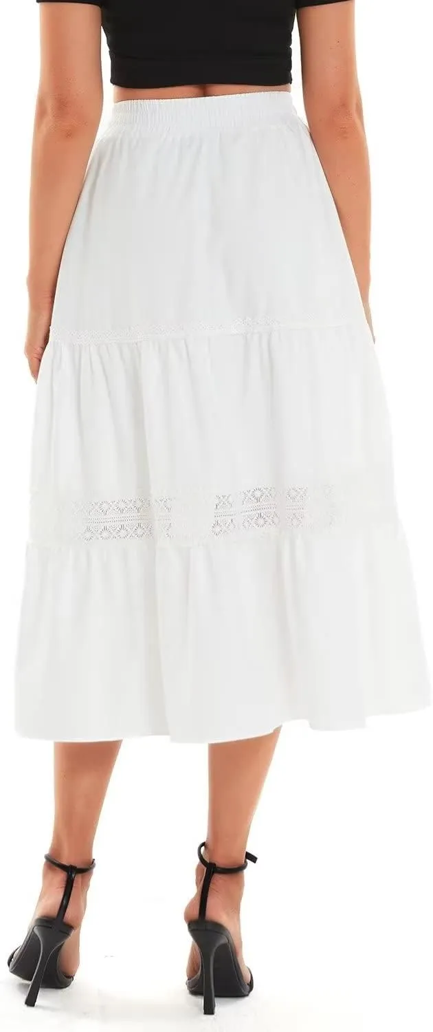 DIASHINY Women's High Waist Elastic Waist A Line Solid Pleated Tiered Long Skirt