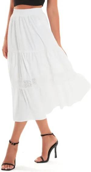 DIASHINY Women's High Waist Elastic Waist A Line Solid Pleated Tiered Long Skirt