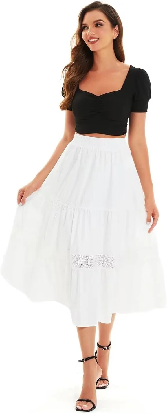 DIASHINY Women's High Waist Elastic Waist A Line Solid Pleated Tiered Long Skirt