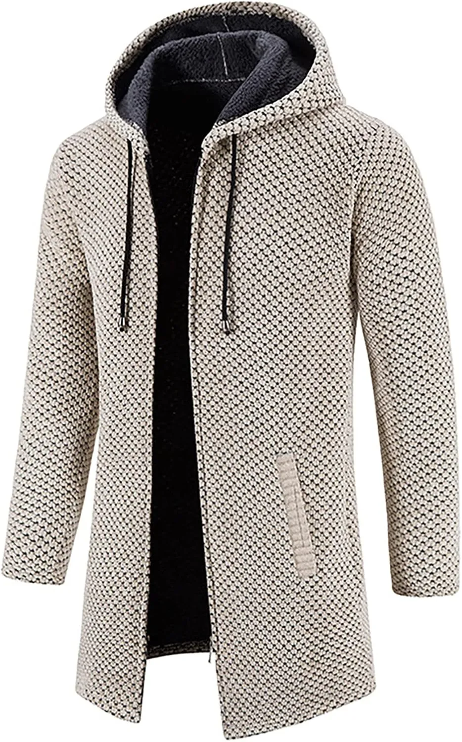 DuDubaby Men's Hooded Plush Plaid Knitting Drawstring Coat Sweater Warm Solid Color Jackets Tops