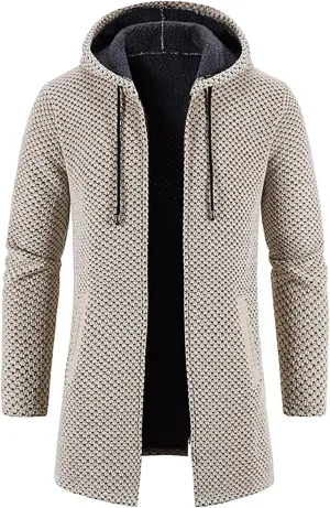 DuDubaby Men's Hooded Plush Plaid Knitting Drawstring Coat Sweater Warm Solid Color Jackets Tops