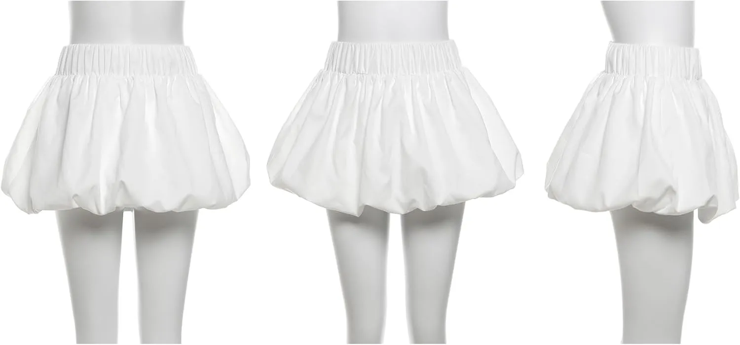 Ecirod Women Y2k Bubble Mini Skirt Ruffle Pleated High Waisted Puffy A Line Balloon Short Skirt Streetwear
