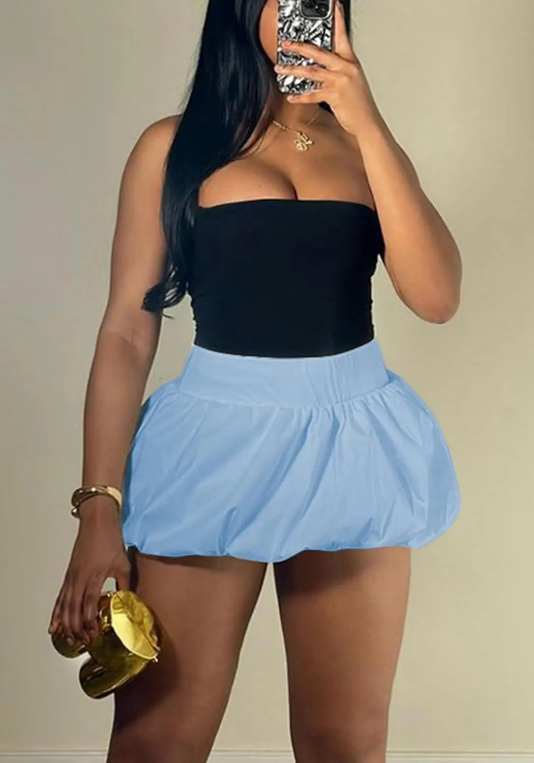 Ecirod Women Y2k Bubble Mini Skirt Ruffle Pleated High Waisted Puffy A Line Balloon Short Skirt Streetwear