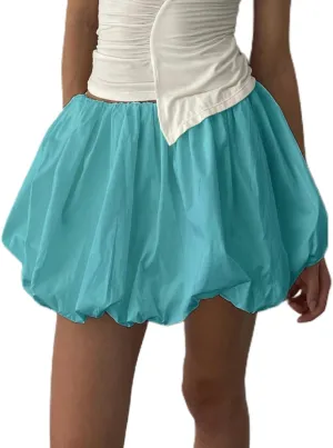 Faretumiya Women Y2K Ruffle Bubble Skirt Elastic Waist Pleated Ruffle Hem A Line Mini Short Skirts Cute Puffy Balloon Skirts