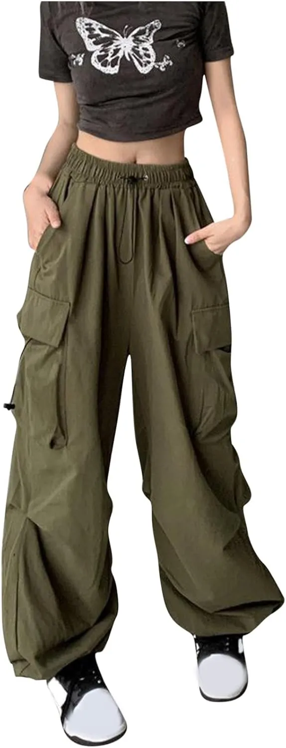 fartey Womens Baggy Cargo Pants High Waist Adjustable Straight Leg Trousers Casual Loose Parachute Hiking Pants with Pocket