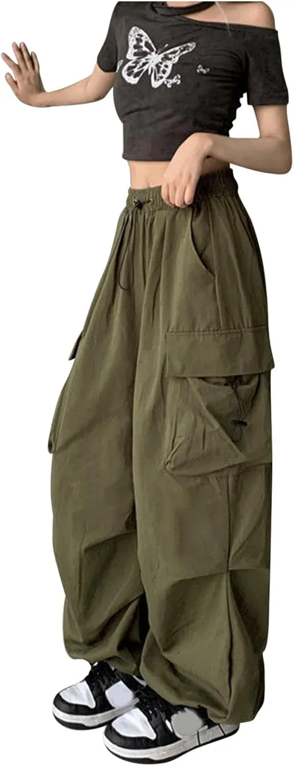 fartey Womens Baggy Cargo Pants High Waist Adjustable Straight Leg Trousers Casual Loose Parachute Hiking Pants with Pocket