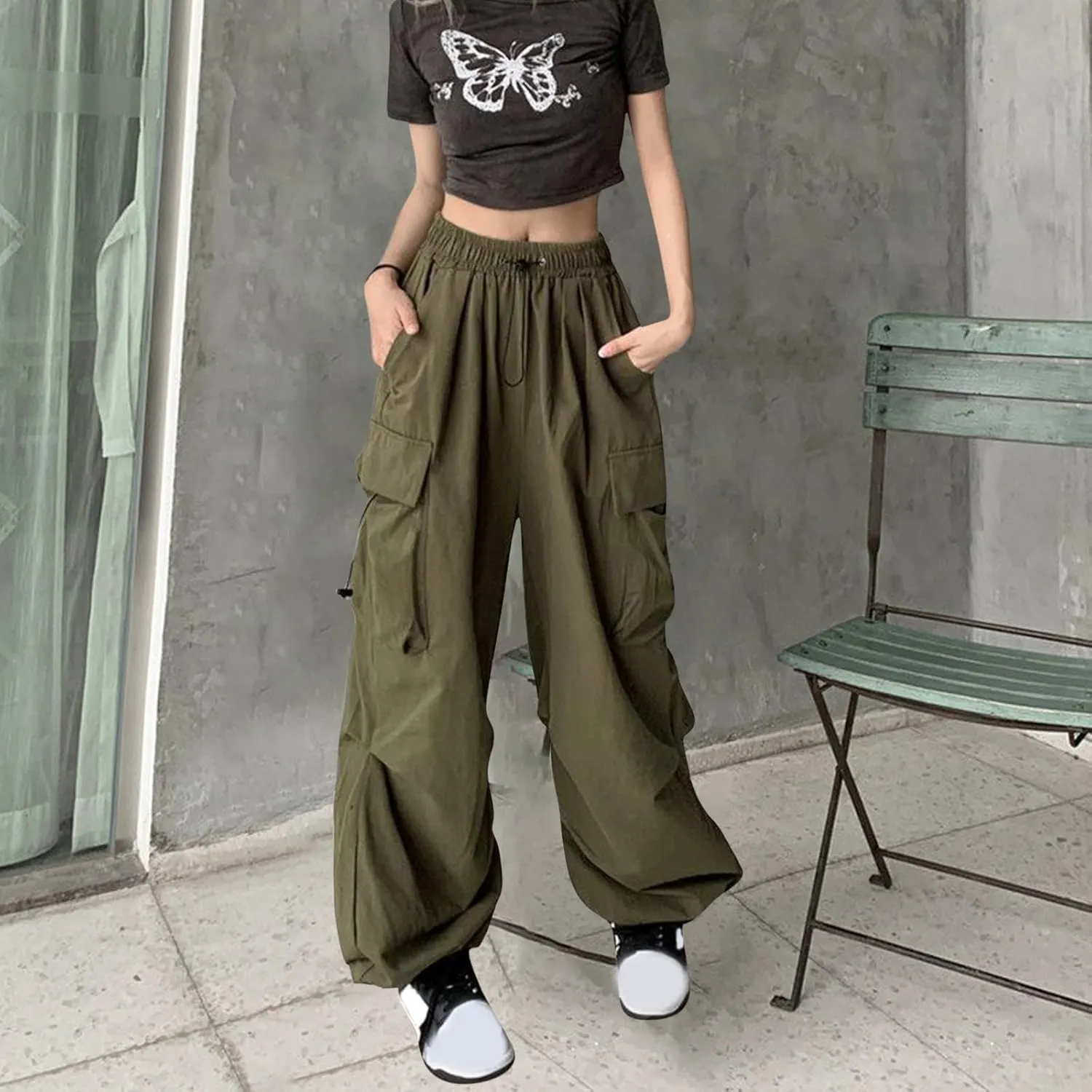 fartey Womens Baggy Cargo Pants High Waist Adjustable Straight Leg Trousers Casual Loose Parachute Hiking Pants with Pocket