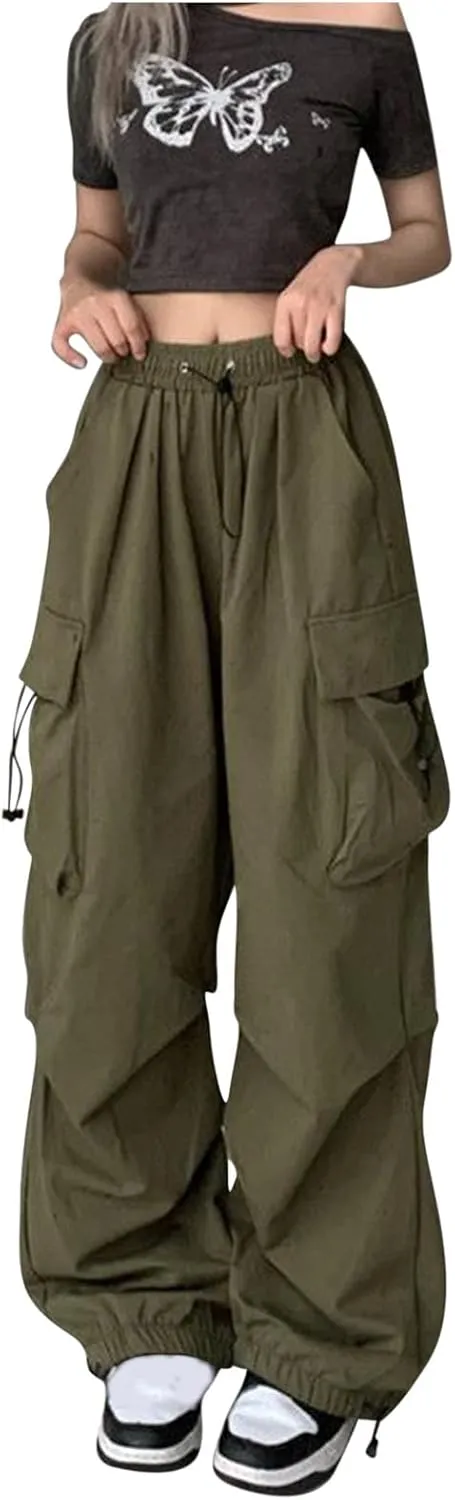 fartey Womens Baggy Cargo Pants High Waist Adjustable Straight Leg Trousers Casual Loose Parachute Hiking Pants with Pocket