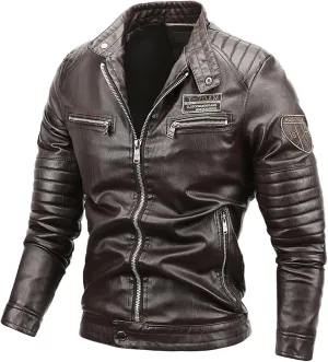 Fleece Lined Faux Leather Jackets for Men Full Zip Jacket with Stand Up Collar Slim Fit VSlim Fit Motorcycle Jacket