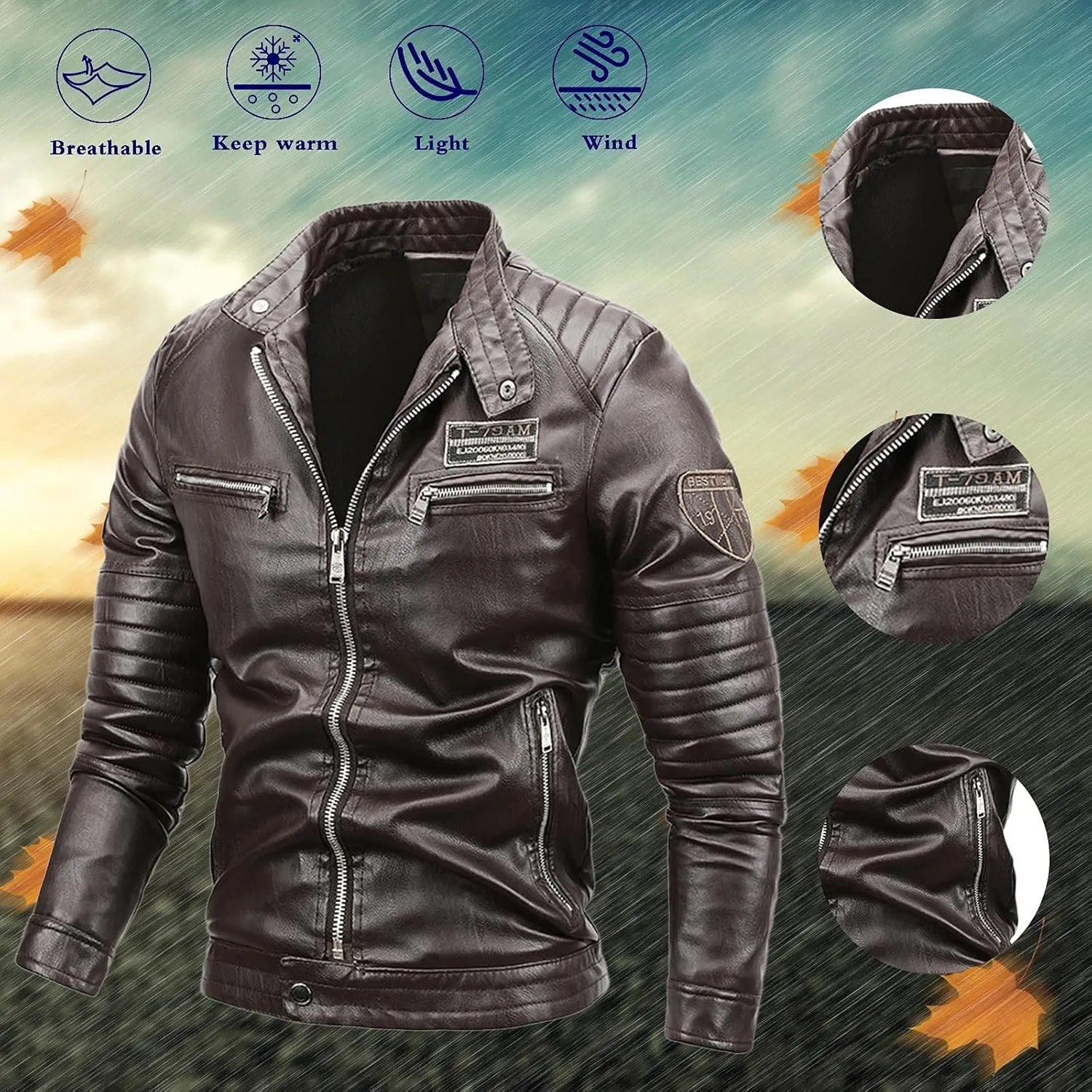 Fleece Lined Faux Leather Jackets for Men Full Zip Jacket with Stand Up Collar Slim Fit VSlim Fit Motorcycle Jacket