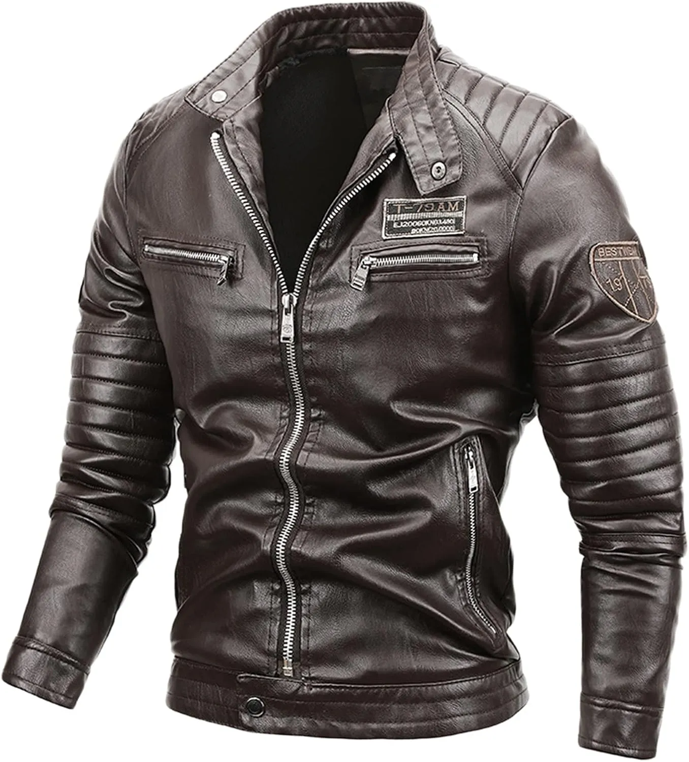 Fleece Lined Faux Leather Jackets for Men Full Zip Jacket with Stand Up Collar Slim Fit VSlim Fit Motorcycle Jacket