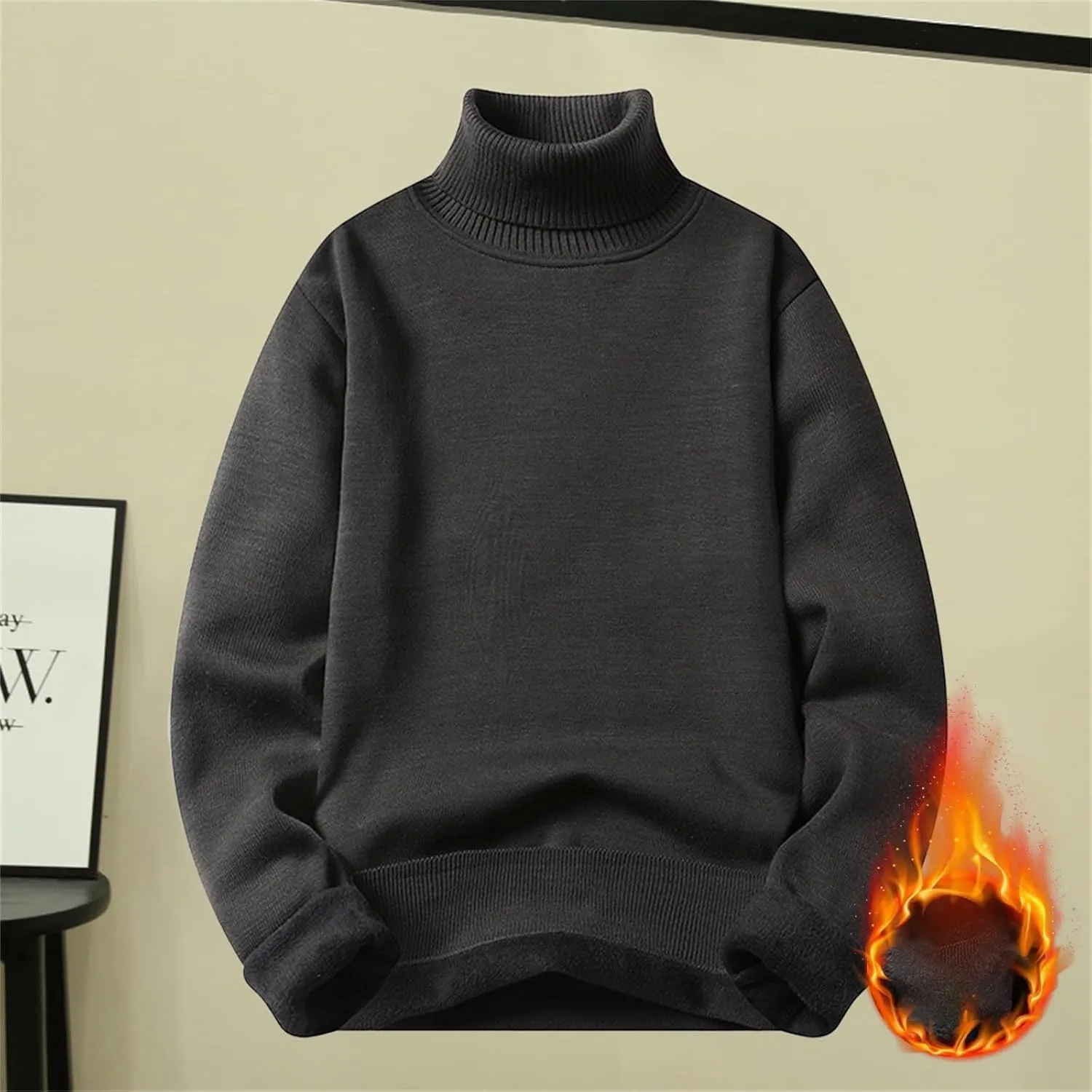 Fleece Lined Sweatshirts for Men Turtleneck Oversized Long Sleeve Knit Sweater Solid Casual Winter Warm Pullover Tops