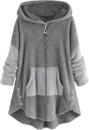 Fleece Zip Up Women Warm Winter Plus Size Cute Button Down Hooded Tops Teddy Coat Outerwear With Pockets Fall Jacket