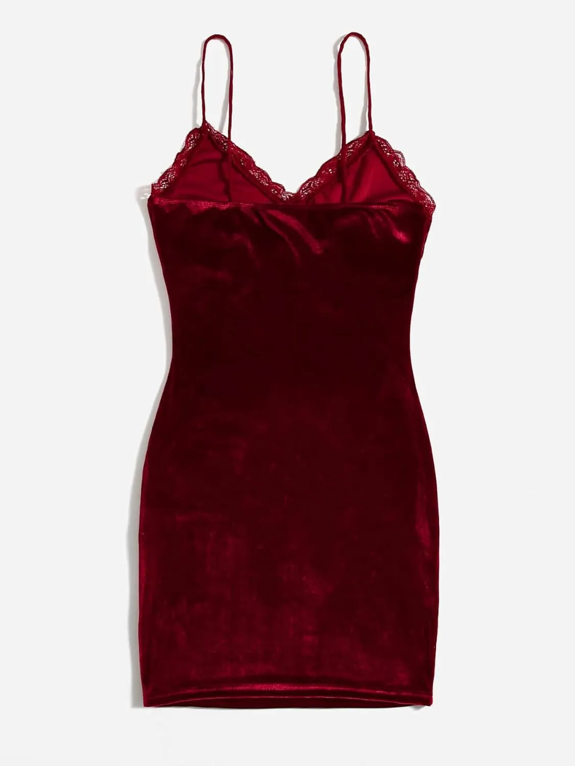 Floerns Women's Spaghetti Strap Velvet Lace Trim Bodycon Cami Mini Dress