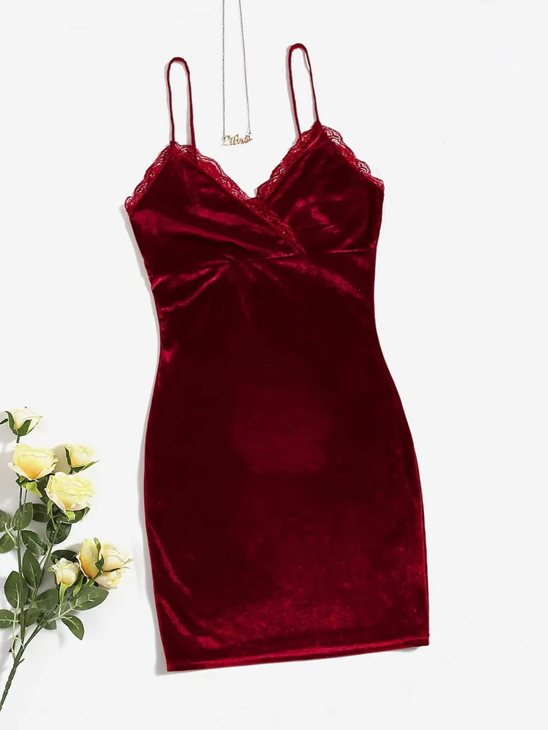 Floerns Women's Spaghetti Strap Velvet Lace Trim Bodycon Cami Mini Dress