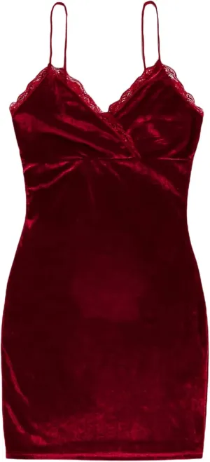 Floerns Women's Spaghetti Strap Velvet Lace Trim Bodycon Cami Mini Dress