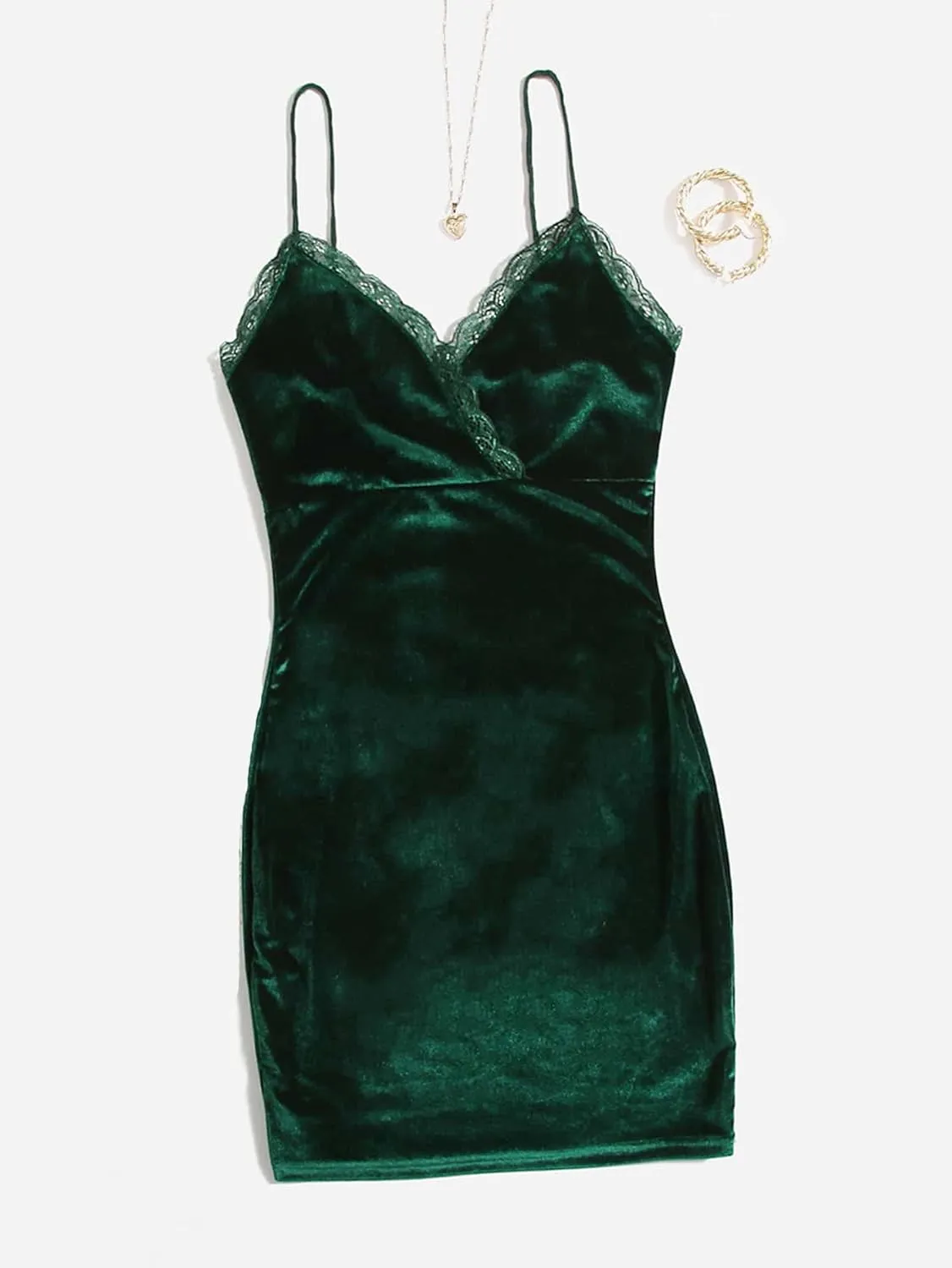 Floerns Women's Spaghetti Strap Velvet Lace Trim Bodycon Cami Mini Dress
