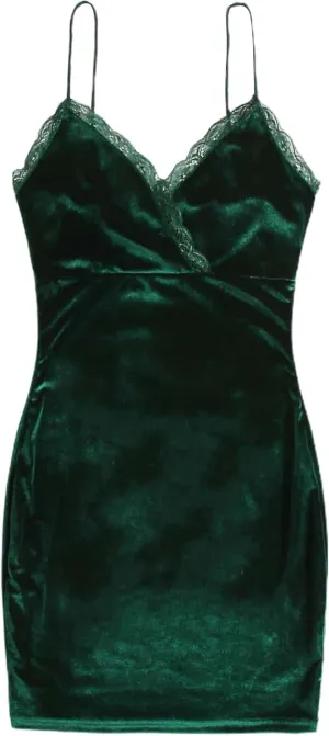 Floerns Women's Spaghetti Strap Velvet Lace Trim Bodycon Cami Mini Dress