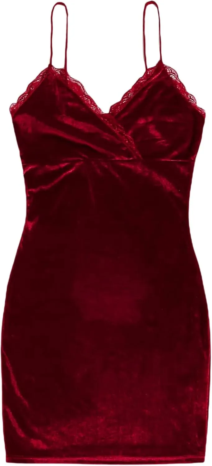 Floerns Women's Spaghetti Strap Velvet Lace Trim Bodycon Cami Mini Dress