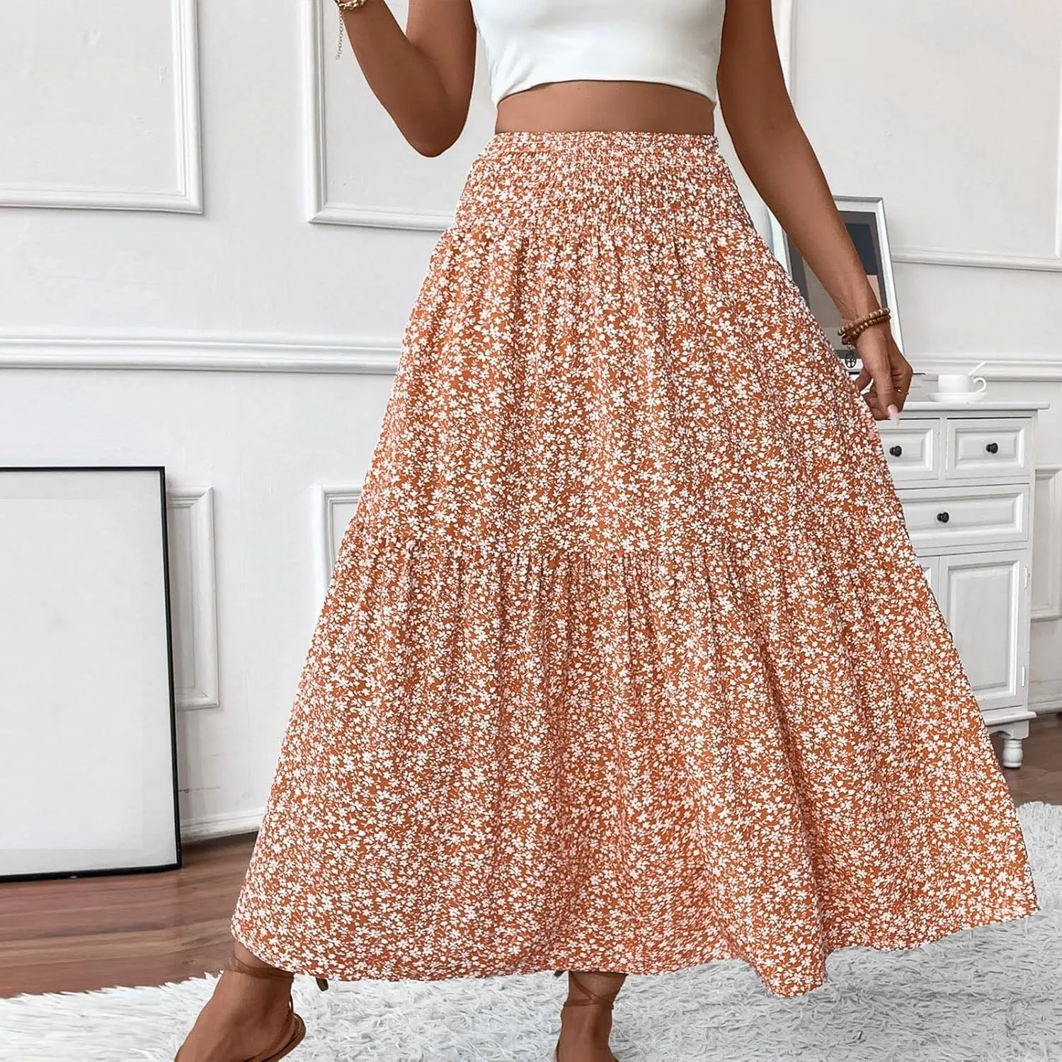 Floral Maxi Skirt for Women High Elastic Waisted Ruffle Skirts A-Line Flowy Swing Boho Long Skirts Summer Beach Vacation