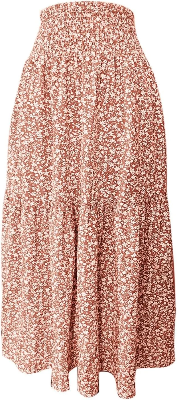 Floral Maxi Skirt for Women High Elastic Waisted Ruffle Skirts A-Line Flowy Swing Boho Long Skirts Summer Beach Vacation
