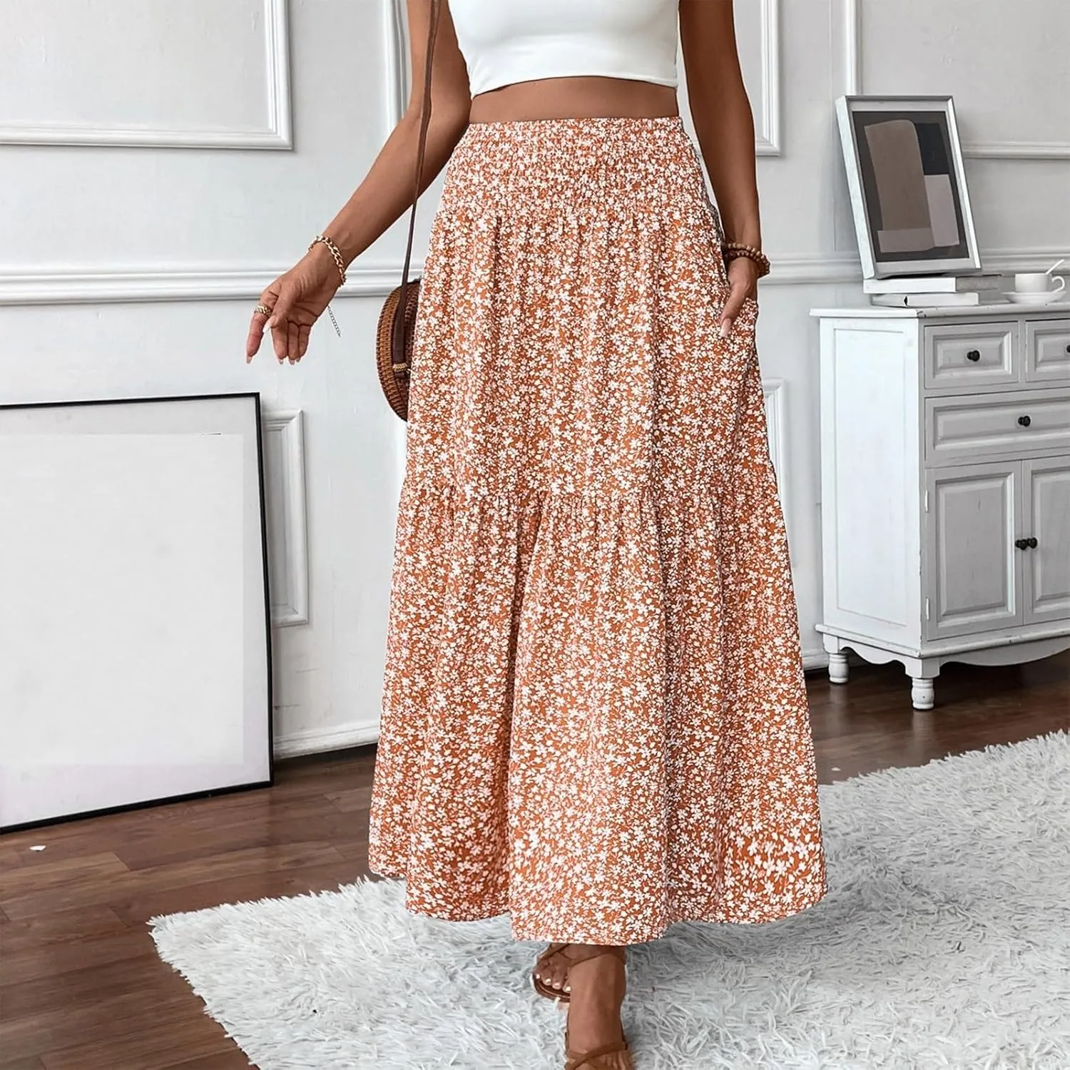 Floral Maxi Skirt for Women High Elastic Waisted Ruffle Skirts A-Line Flowy Swing Boho Long Skirts Summer Beach Vacation