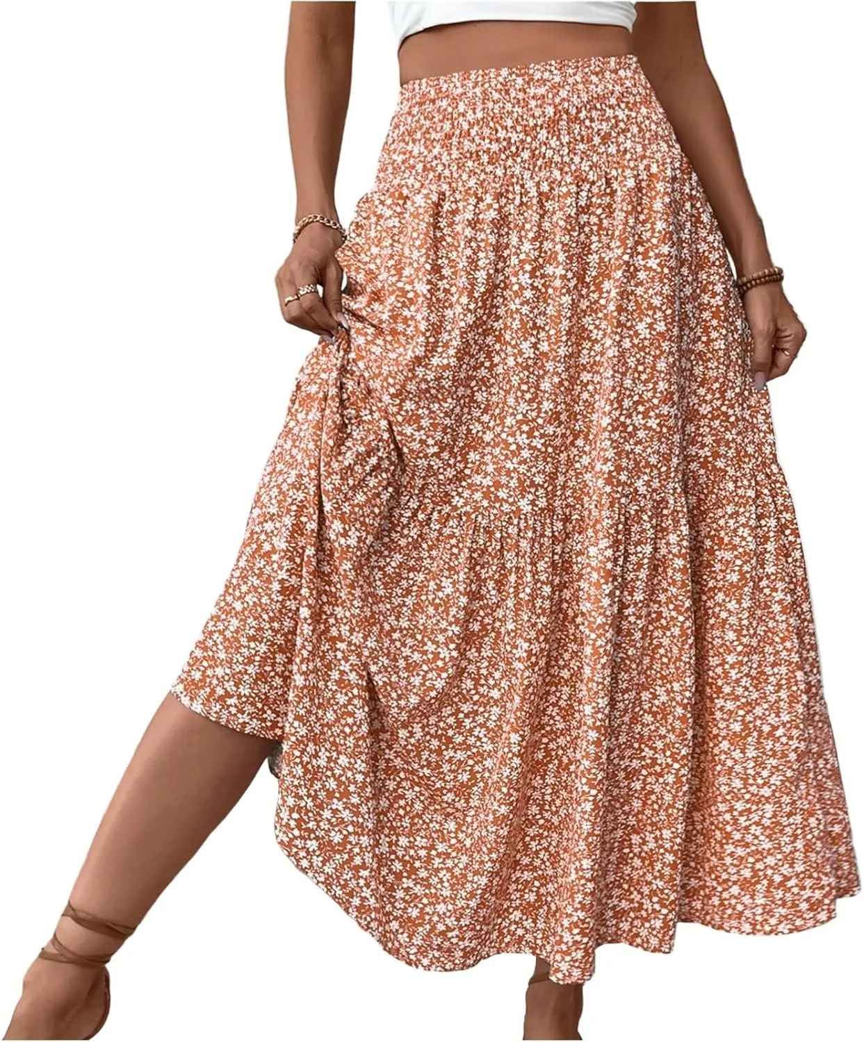 Floral Maxi Skirt for Women High Elastic Waisted Ruffle Skirts A-Line Flowy Swing Boho Long Skirts Summer Beach Vacation