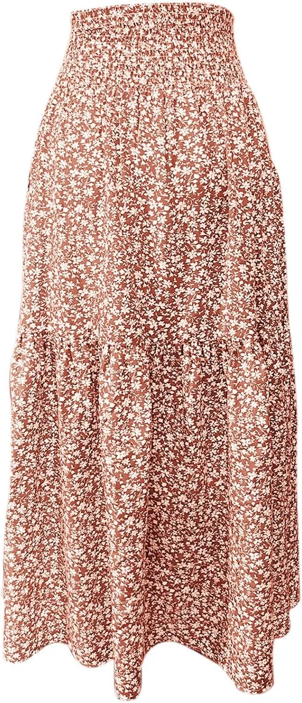 Floral Maxi Skirt for Women High Elastic Waisted Ruffle Skirts A-Line Flowy Swing Boho Long Skirts Summer Beach Vacation