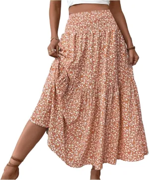 Floral Maxi Skirt for Women High Elastic Waisted Ruffle Skirts A-Line Flowy Swing Boho Long Skirts Summer Beach Vacation