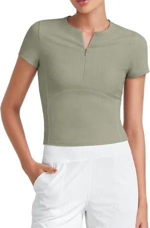 G4Free Half Zip Workout Shirts Women Slim Fitted Work Out Tops Gym Athletic Ribbed Tight Tshirts Summer Casual