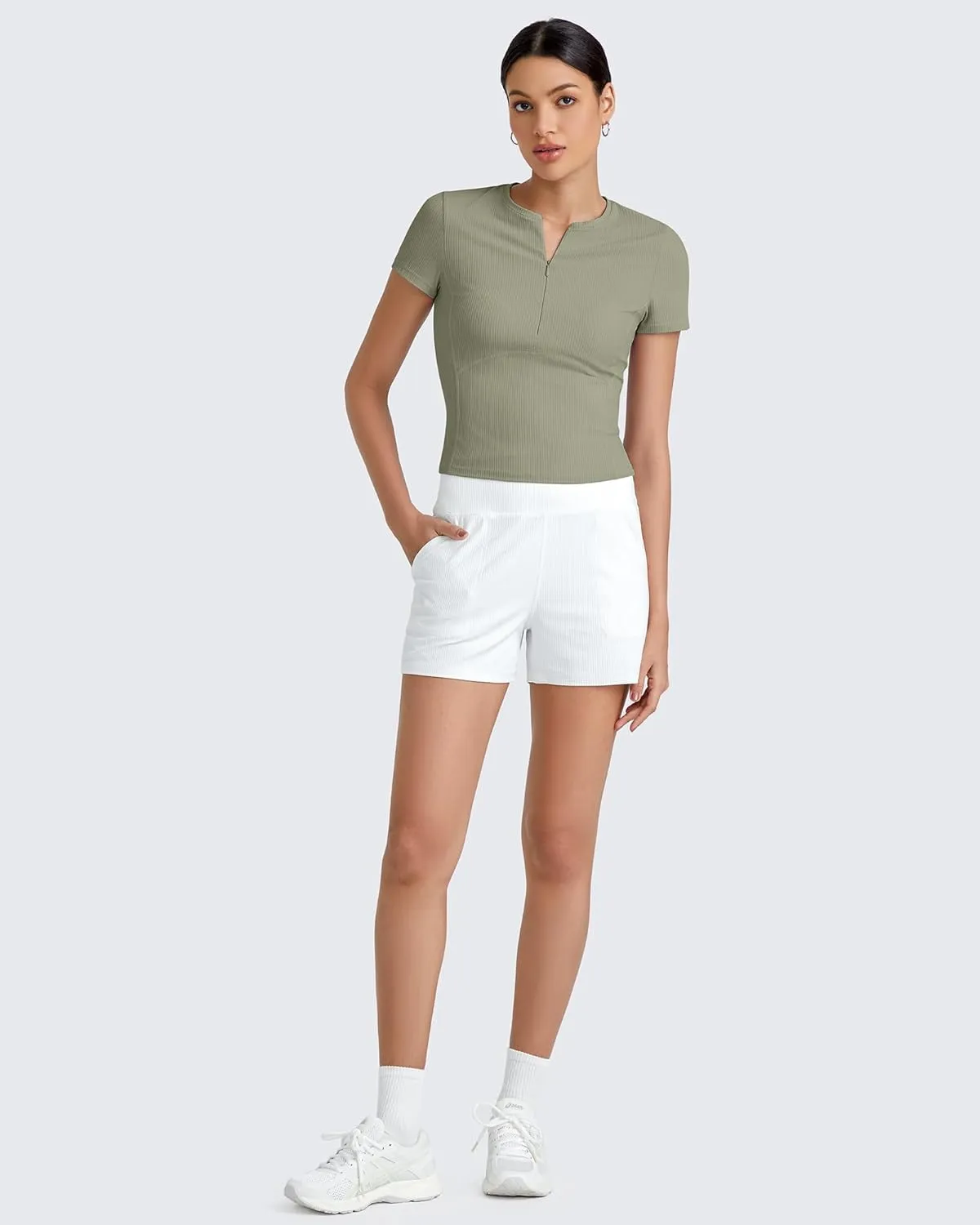 G4Free Half Zip Workout Shirts Women Slim Fitted Work Out Tops Gym Athletic Ribbed Tight Tshirts Summer Casual