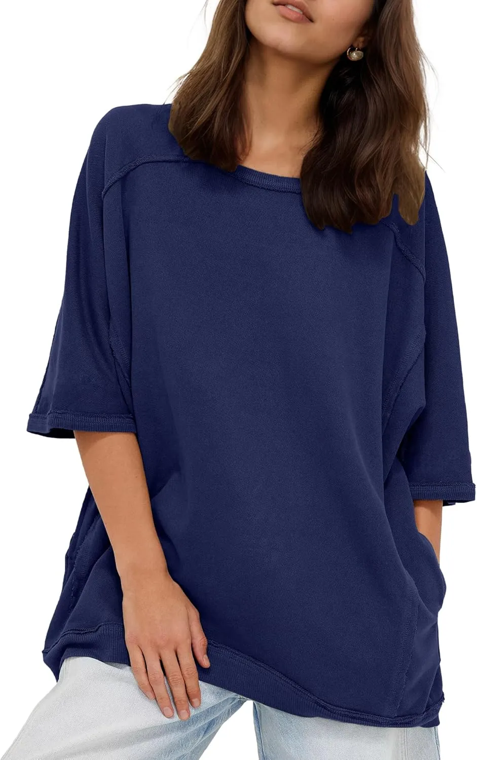 Gacaky Womens Oversized Sweatshirts Pullover 3/4 Sleeve Crewneck Pullover Tops Trendy Cute Y2K Tee with Pockets