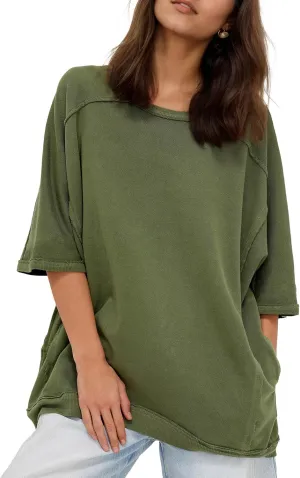 Gacaky Womens Oversized Sweatshirts Pullover 3/4 Sleeve Crewneck Pullover Tops Trendy Cute Y2K Tee with Pockets