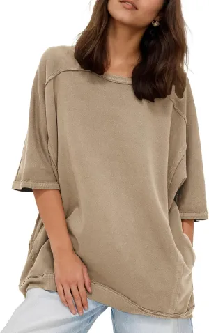 Gacaky Womens Oversized Sweatshirts Pullover 3/4 Sleeve Crewneck Pullover Tops Trendy Cute Y2K Tee with Pockets