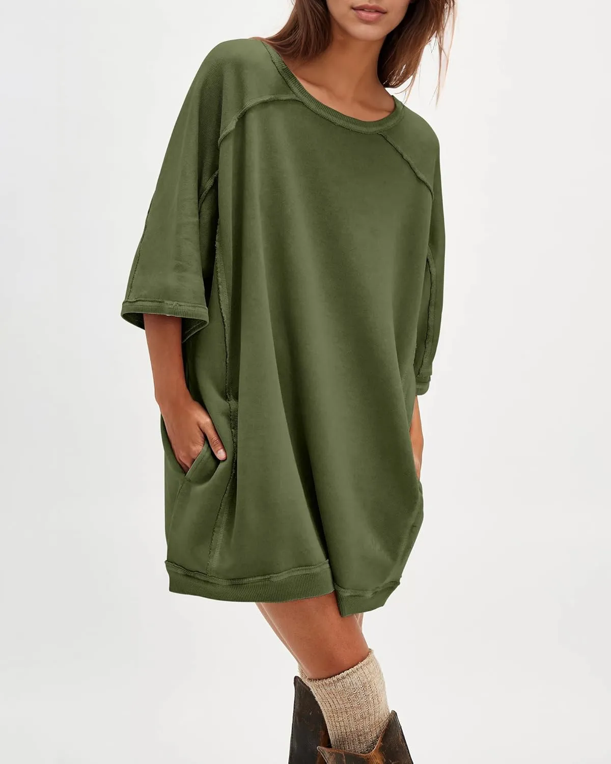 Gacaky Womens Oversized Sweatshirts Pullover 3/4 Sleeve Crewneck Pullover Tops Trendy Cute Y2K Tee with Pockets