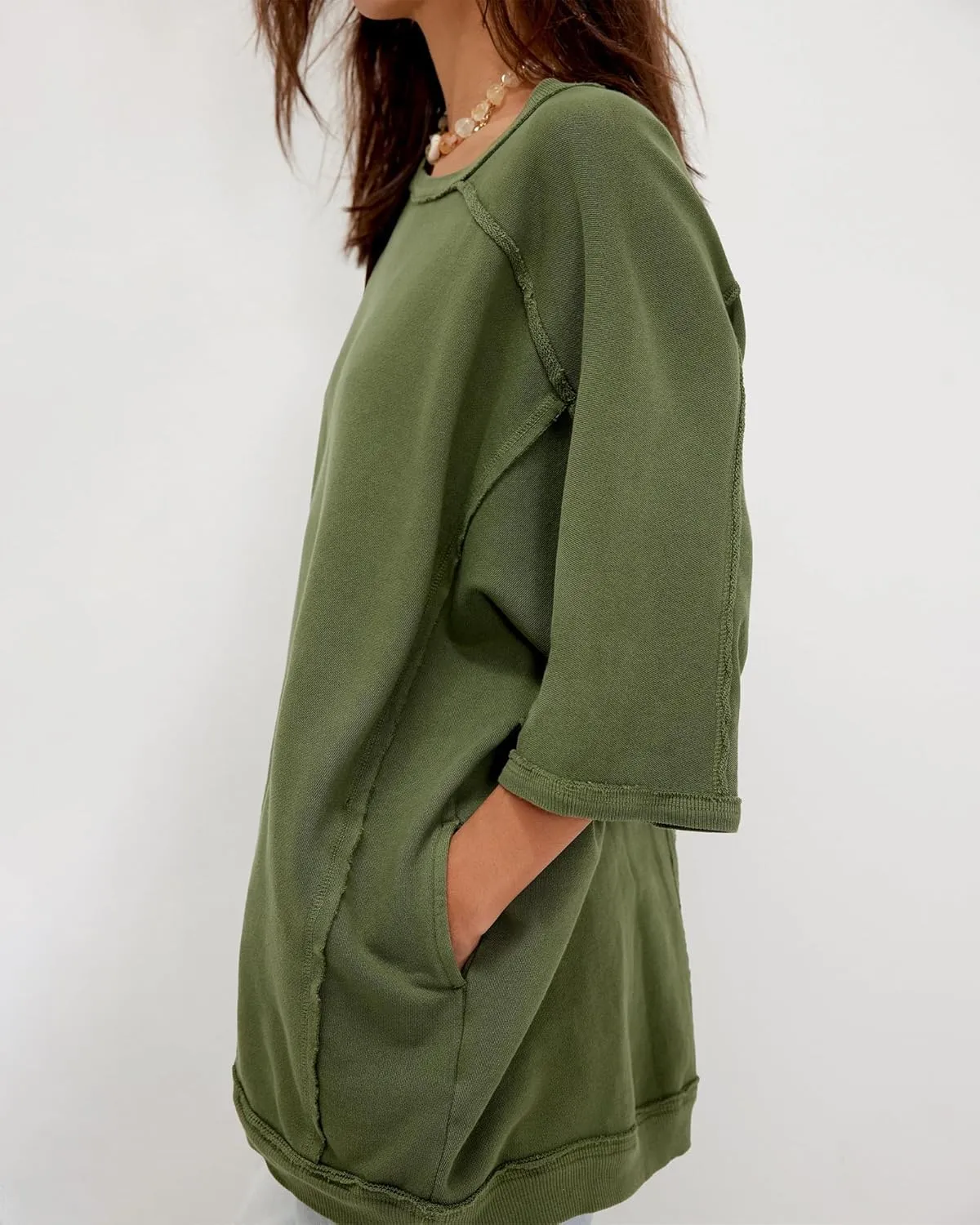 Gacaky Womens Oversized Sweatshirts Pullover 3/4 Sleeve Crewneck Pullover Tops Trendy Cute Y2K Tee with Pockets