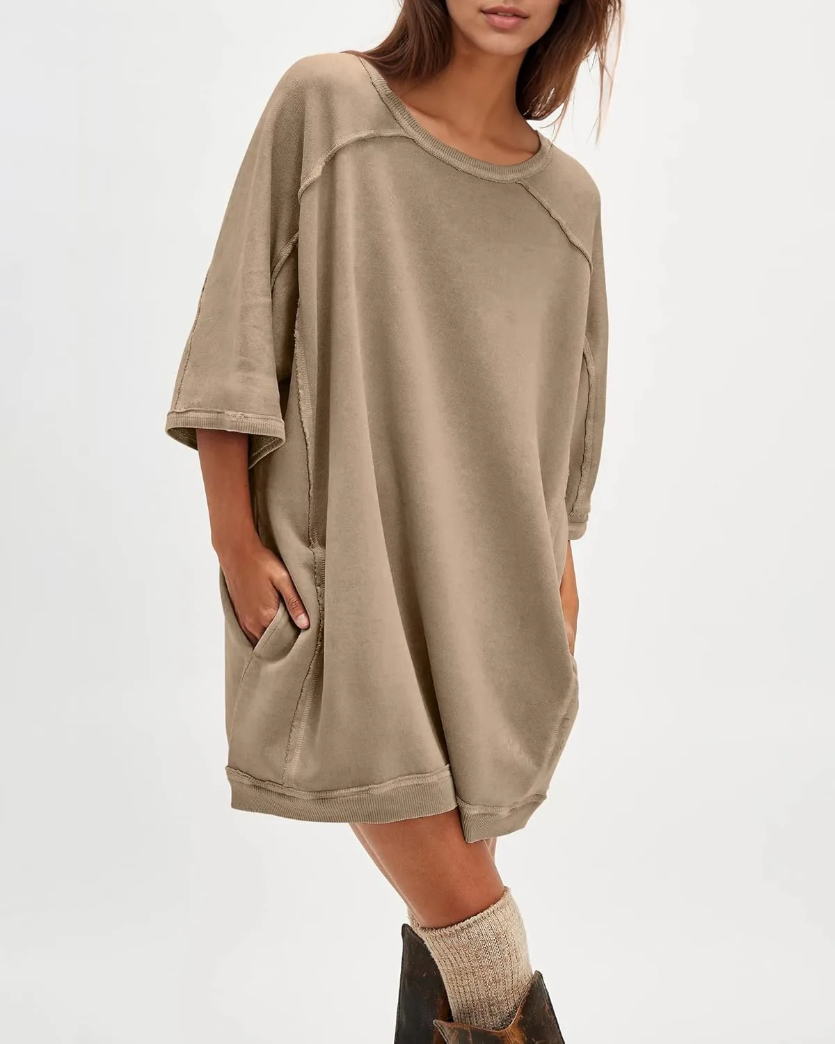 Gacaky Womens Oversized Sweatshirts Pullover 3/4 Sleeve Crewneck Pullover Tops Trendy Cute Y2K Tee with Pockets