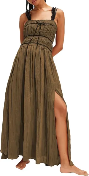 Gacaky Women's Summer Dress Boho Sexy Sleeveless High Waist Side Split A Line Beach Long Maxi Dress