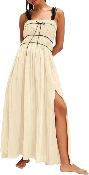 Gacaky Women's Summer Dress Boho Sexy Sleeveless High Waist Side Split A Line Beach Long Maxi Dress