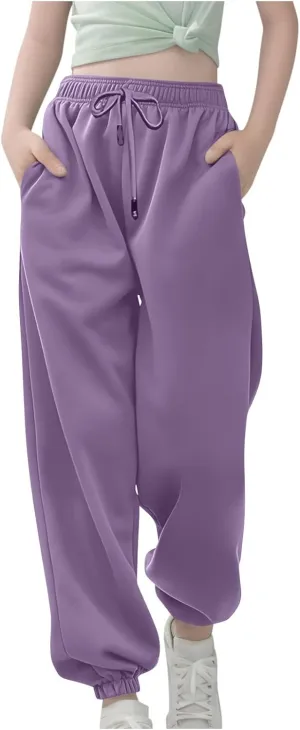 Girls Baggy Sweatpants for Teen Wide Leg Pants Pockets Sport Joggers Solid Loose Elastic Waist Pull On Trousers