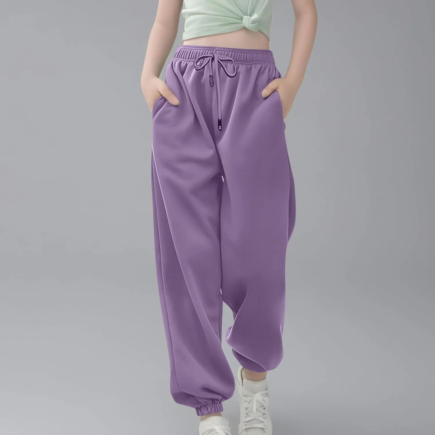 Girls Baggy Sweatpants for Teen Wide Leg Pants Pockets Sport Joggers Solid Loose Elastic Waist Pull On Trousers