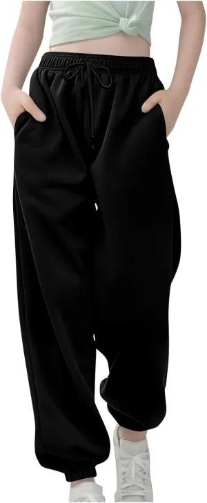 Girls Baggy Sweatpants for Teen Wide Leg Pants Pockets Sport Joggers Solid Loose Elastic Waist Pull On Trousers