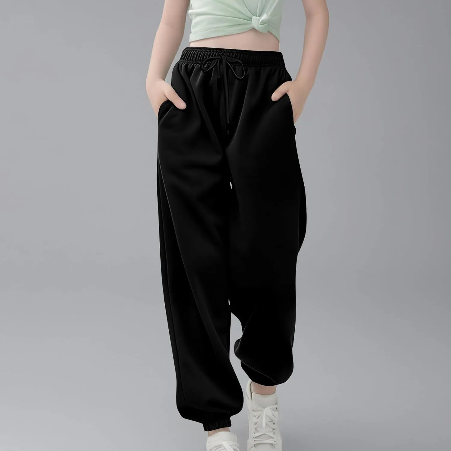 Girls Baggy Sweatpants for Teen Wide Leg Pants Pockets Sport Joggers Solid Loose Elastic Waist Pull On Trousers
