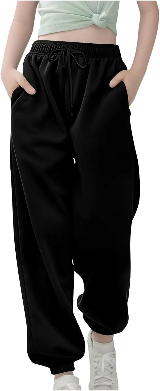Girls Baggy Sweatpants for Teen Wide Leg Pants Pockets Sport Joggers Solid Loose Elastic Waist Pull On Trousers