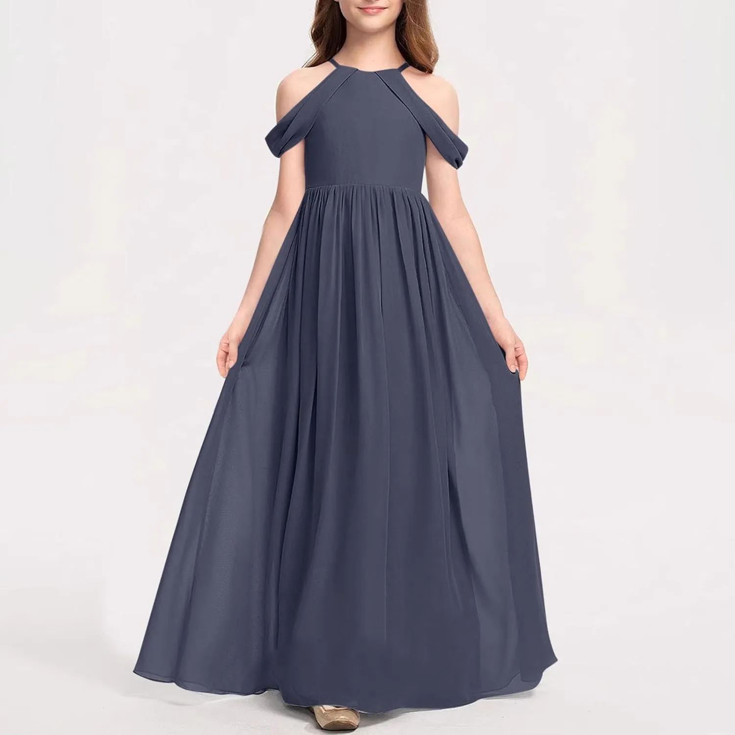 Girls Cold Shoulder Junior Bridesmaid Dresses A-Line Flowy Chiffon Floor Length Wedding Party Pageant Gown for 3-14 Years