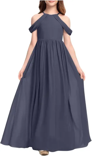 Girls Cold Shoulder Junior Bridesmaid Dresses A-Line Flowy Chiffon Floor Length Wedding Party Pageant Gown for 3-14 Years