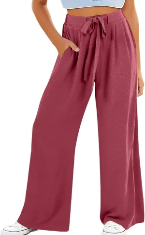 Girls Flowy Palazzo Pants Teen Wide Leg Sweatpants Drawstring Straight Leg Loose Casual Trousers Solid Color Joggers
