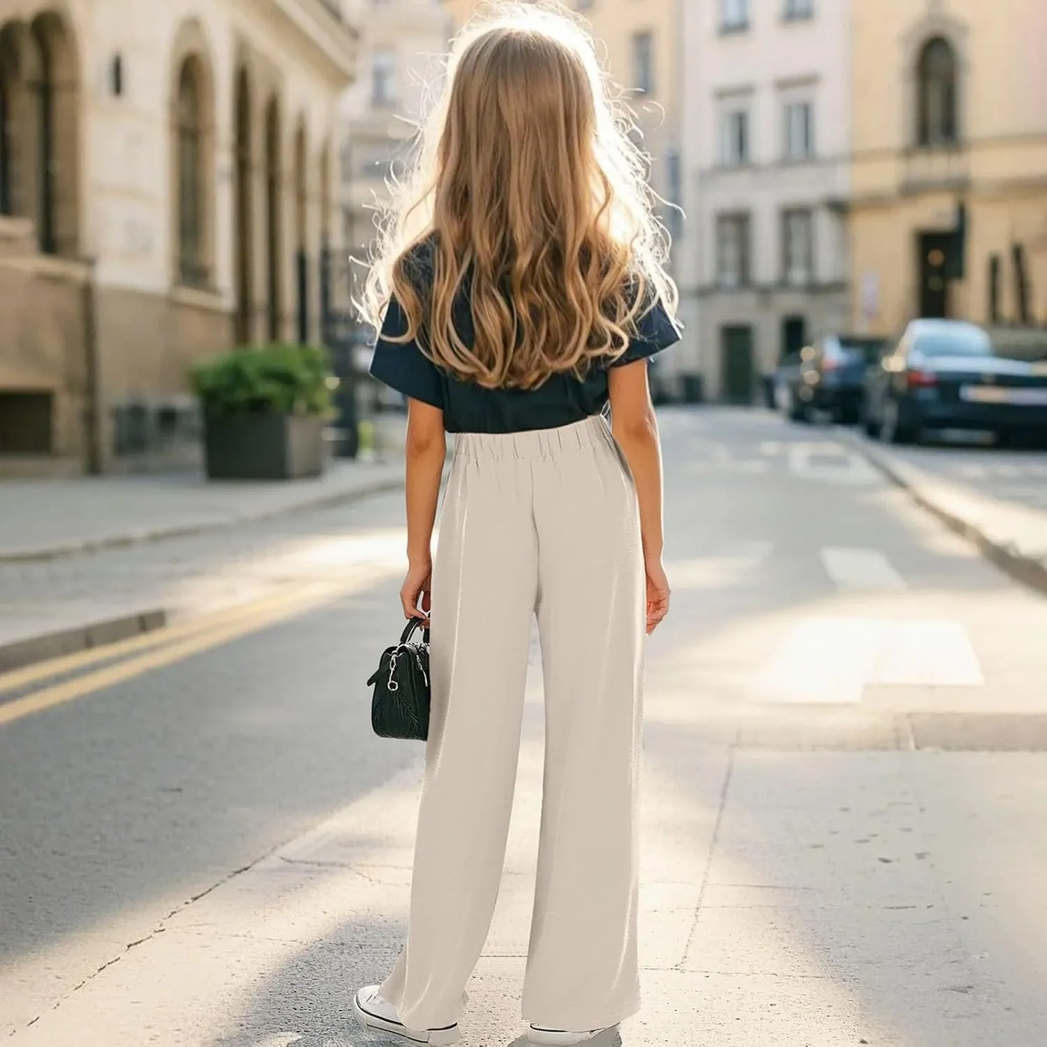 Girls Flowy Palazzo Pants Teen Wide Leg Sweatpants Drawstring Straight Leg Loose Casual Trousers Solid Color Joggers