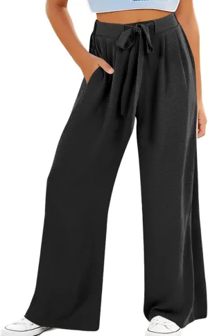 Girls Flowy Palazzo Pants Teen Wide Leg Sweatpants Drawstring Straight Leg Loose Casual Trousers Solid Color Joggers