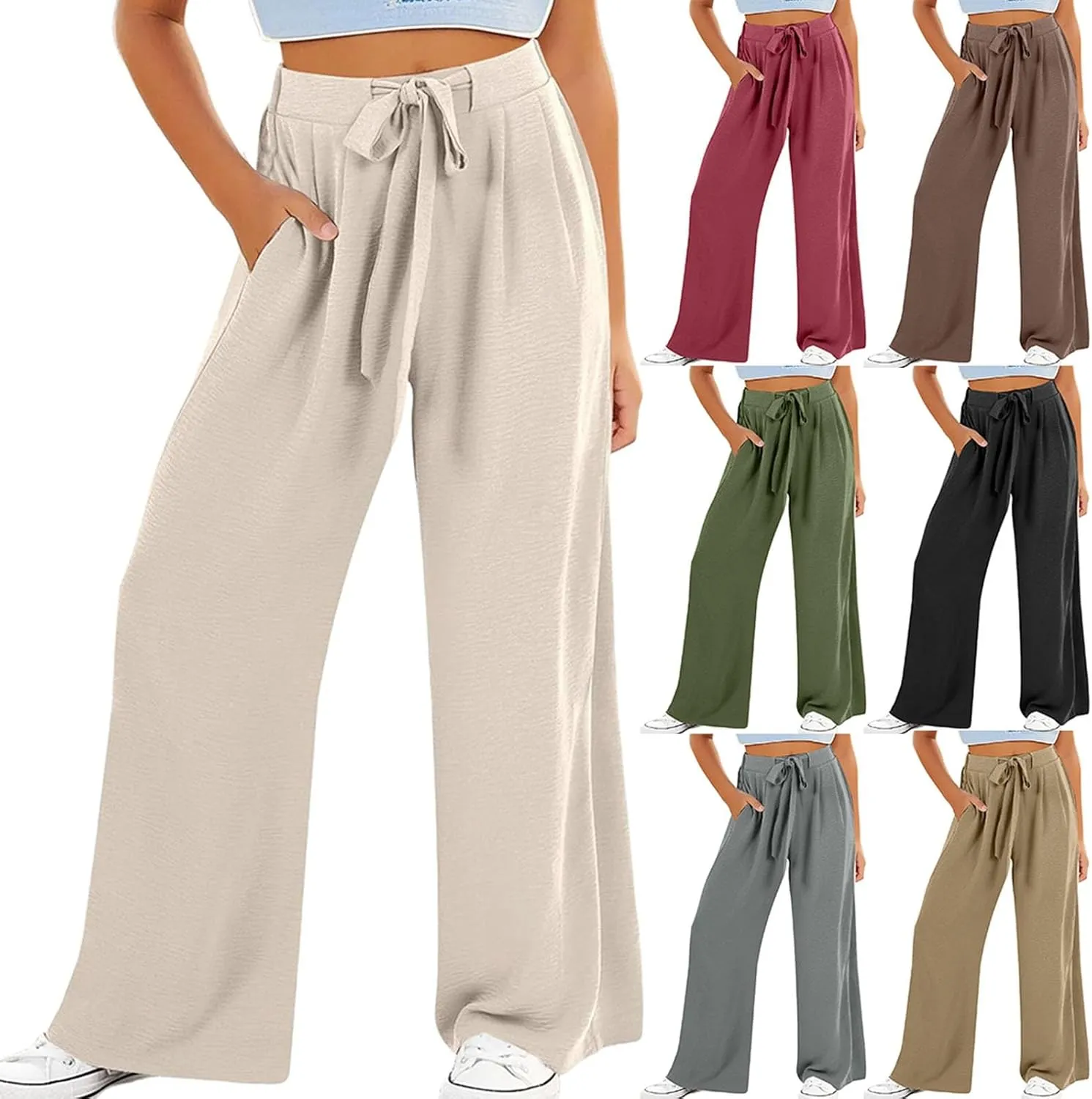 Girls Flowy Palazzo Pants Teen Wide Leg Sweatpants Drawstring Straight Leg Loose Casual Trousers Solid Color Joggers